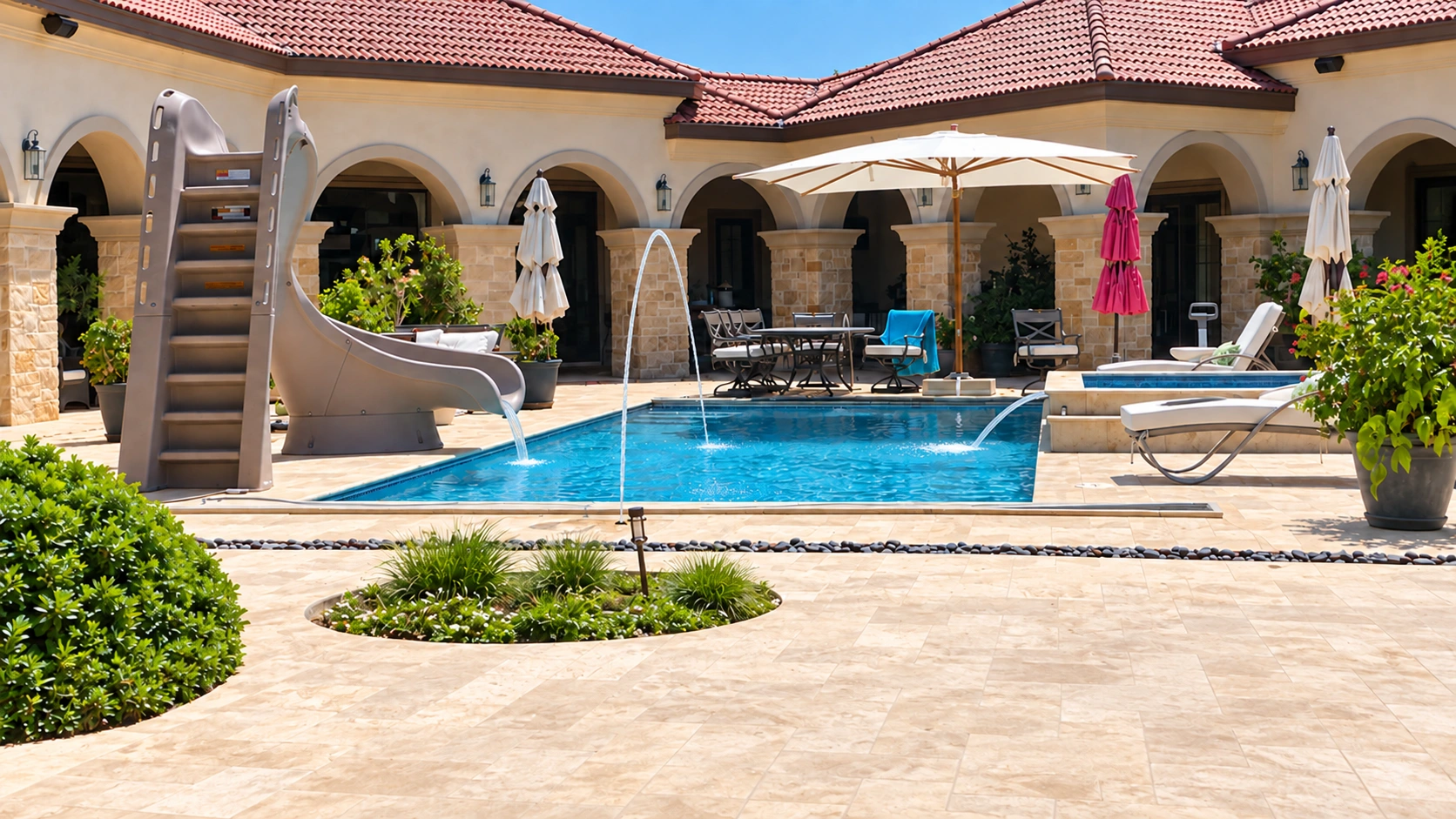 Courtyard pool with a waterslide, raised spa and smooth water jets